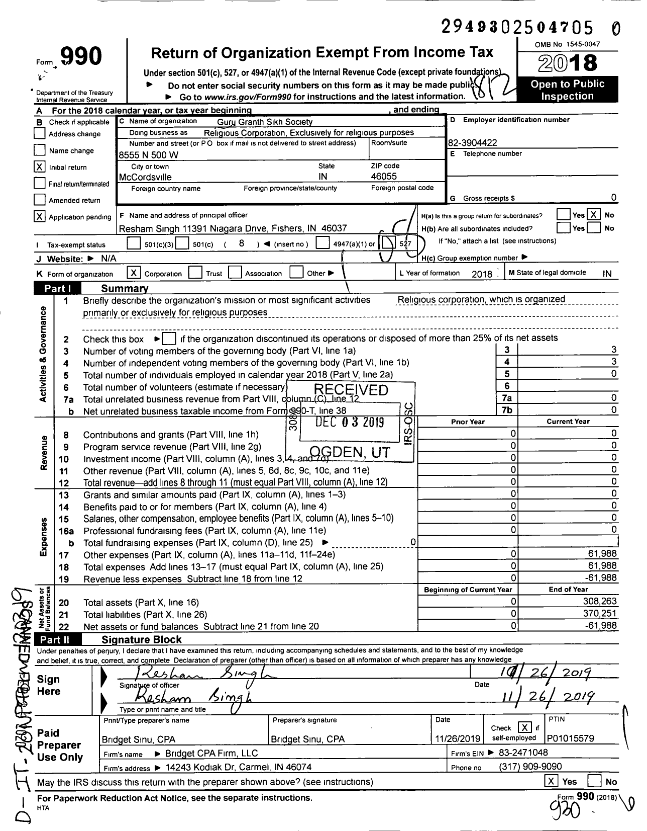 Image of first page of 2018 Form 990O for Religious Corporation Exclusively for religious purposes