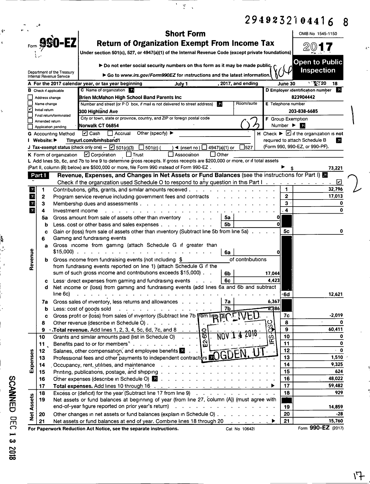 Image of first page of 2017 Form 990EZ for Brien Mcmahon High School Band Parents