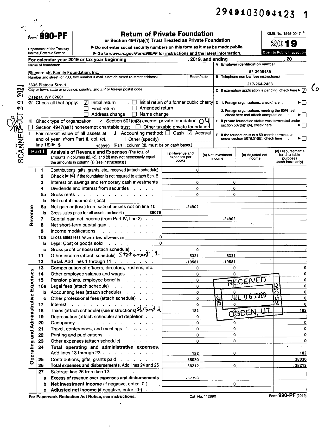 Image of first page of 2019 Form 990PF for Blievernicht Family Foundation