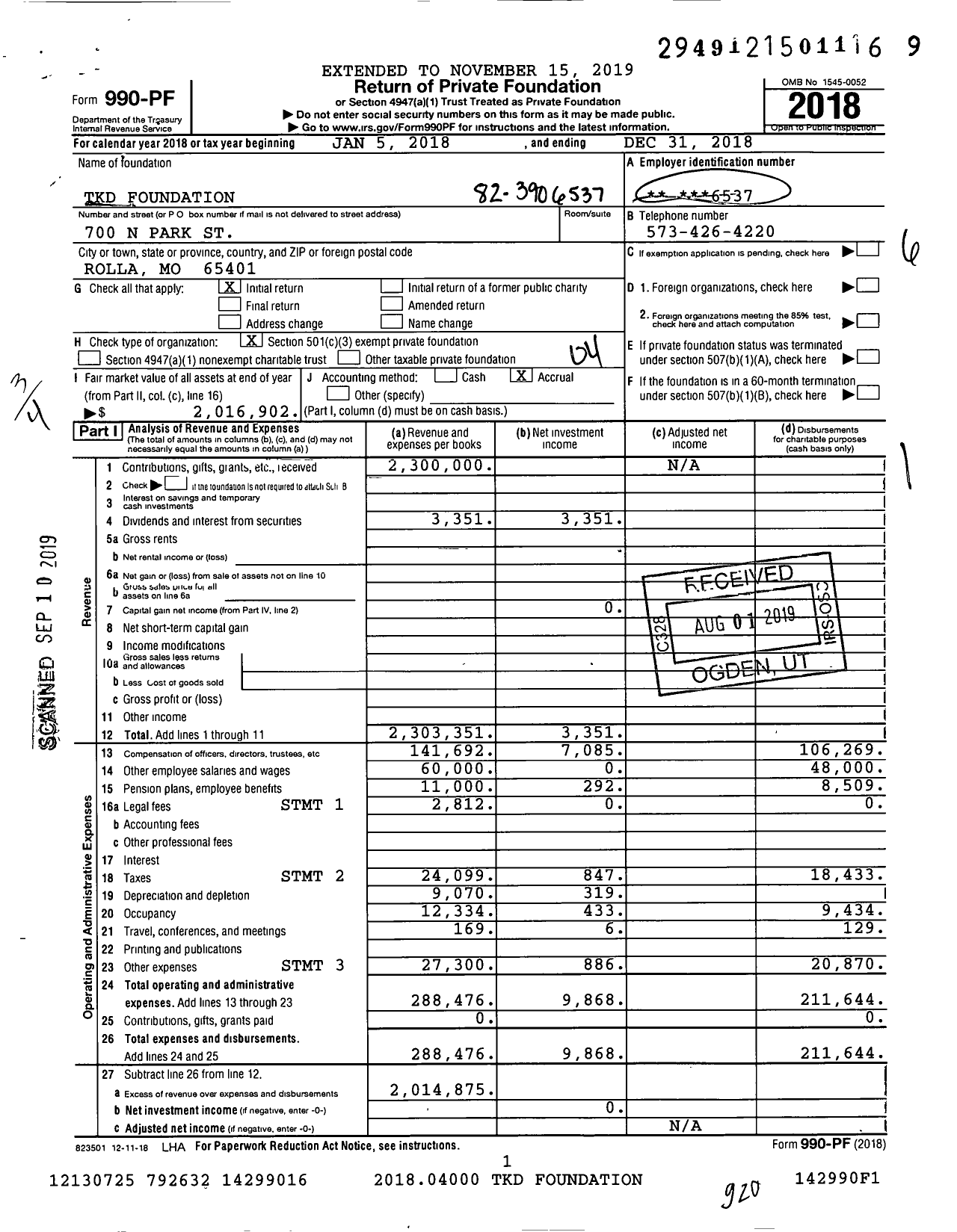 Image of first page of 2018 Form 990PF for TKD Foundation