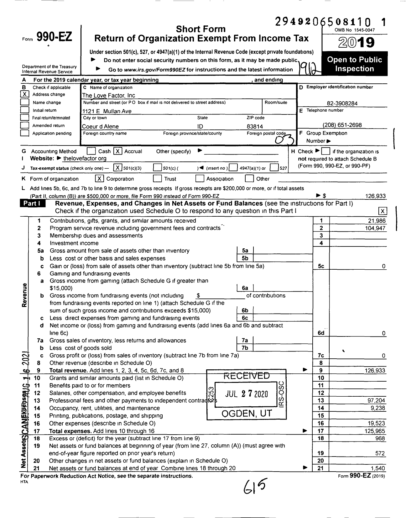 Image of first page of 2019 Form 990EZ for The Love Factor