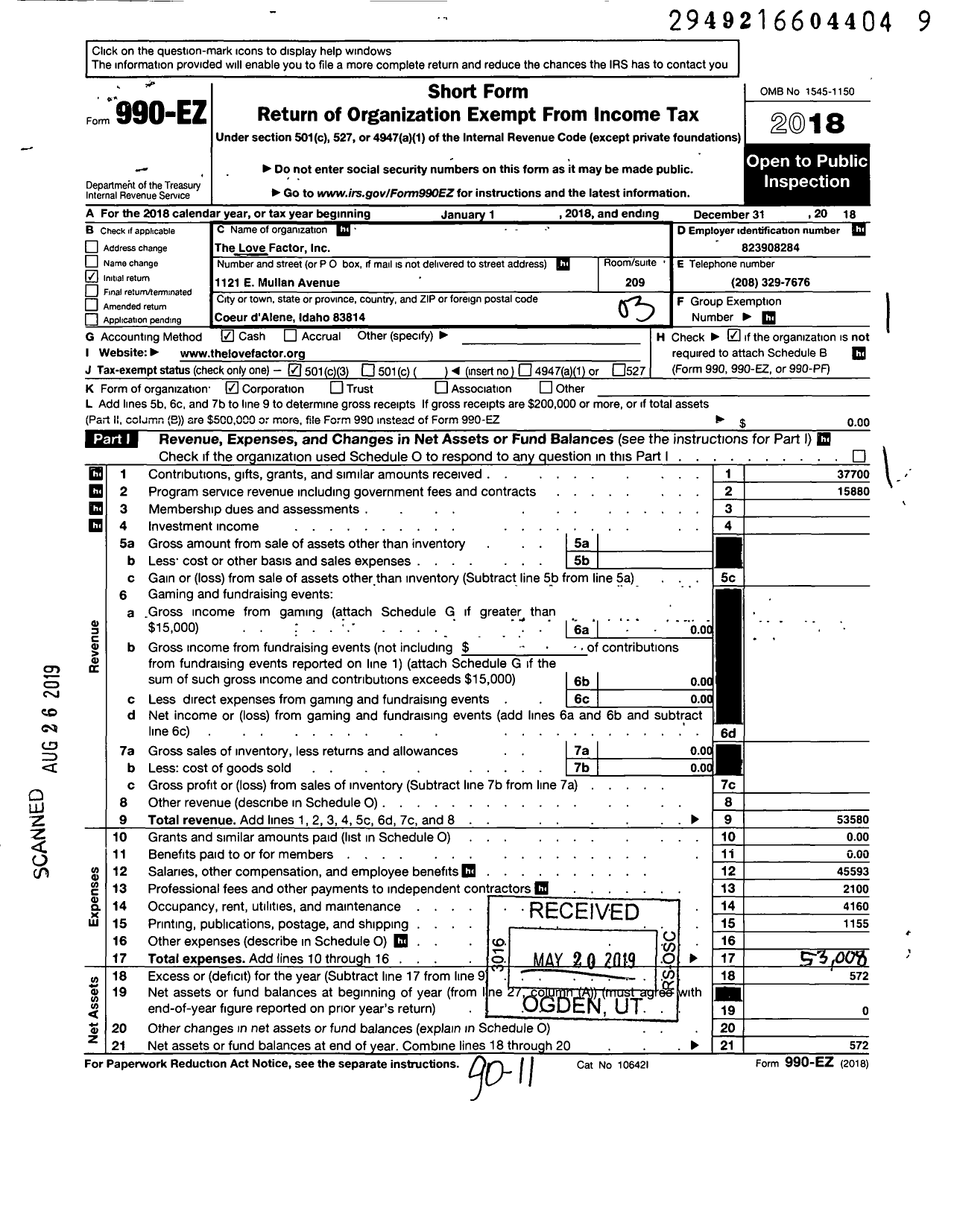 Image of first page of 2018 Form 990EZ for The Love Factor