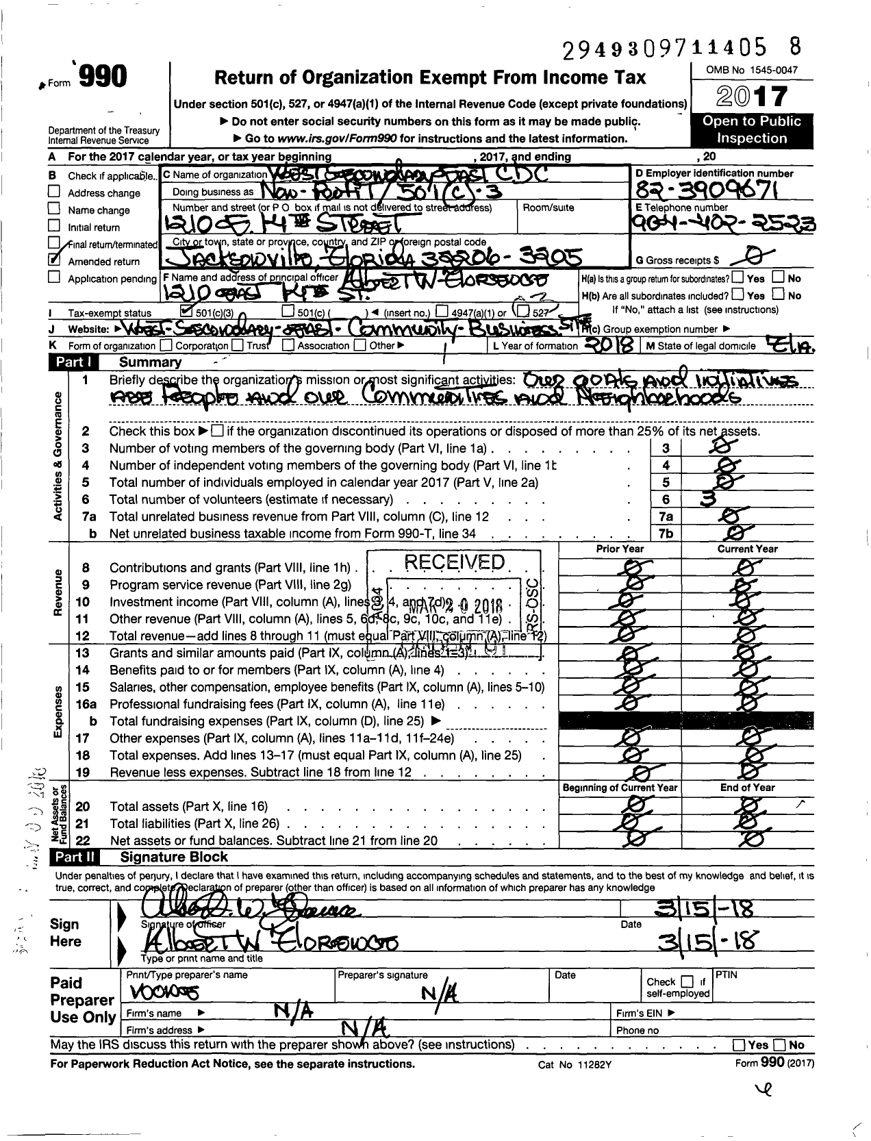Image of first page of 2017 Form 990 for West Secondary East Community Development Incorporated