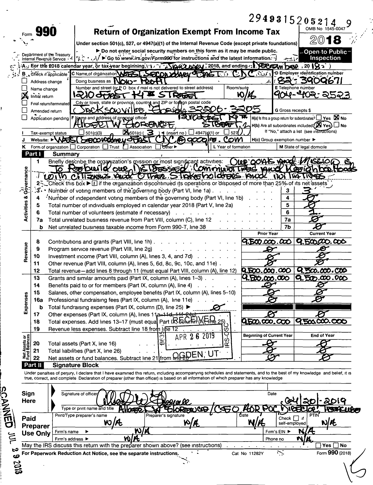 Image of first page of 2018 Form 990 for West Secondary East Community Development Incorporated