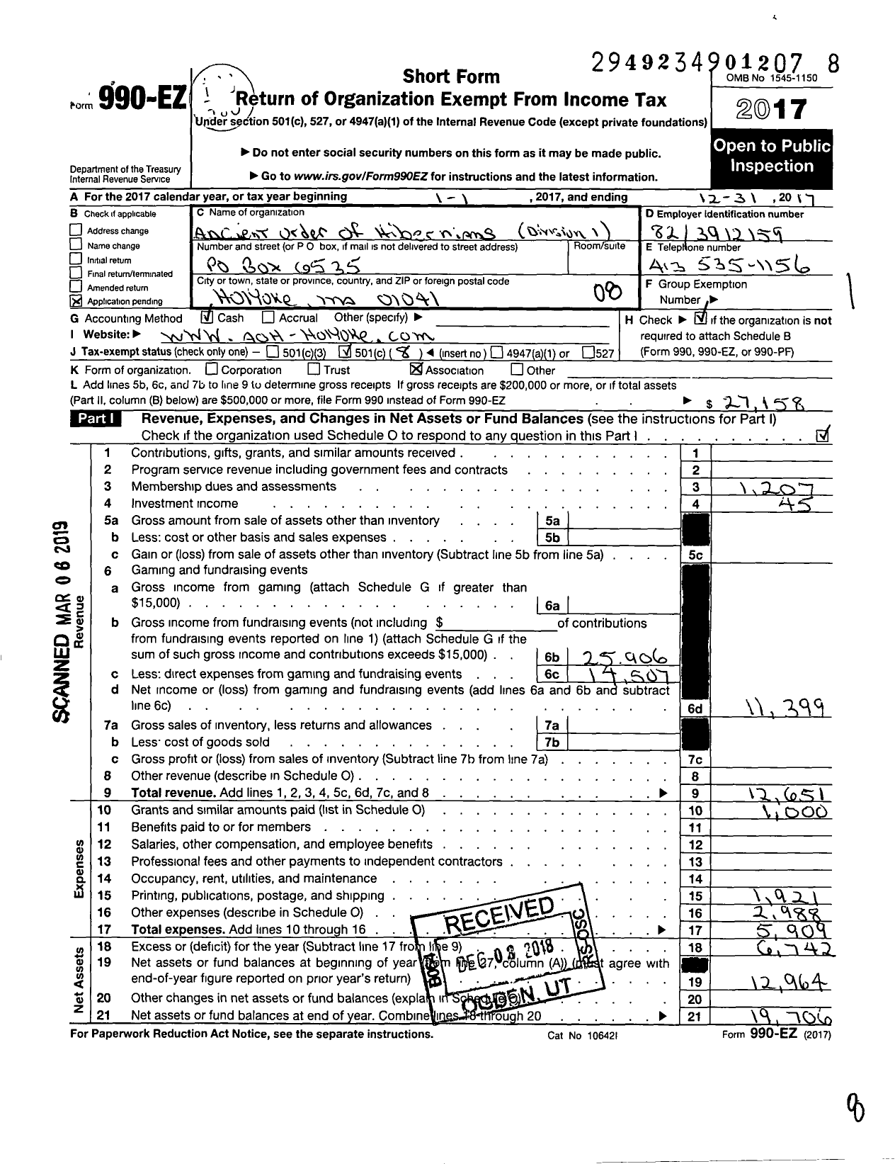 Image of first page of 2017 Form 990EO for Ancient Order of Hibernians in America / 19ha01