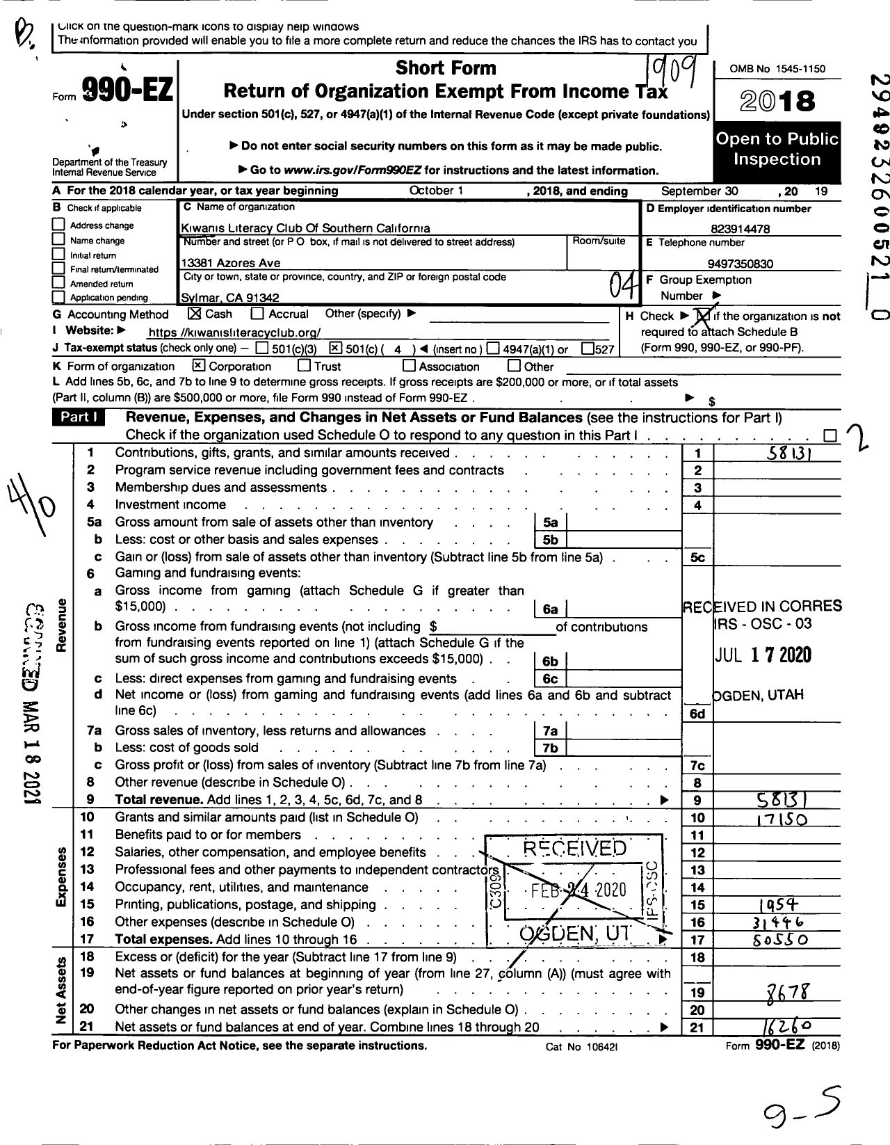 Image of first page of 2018 Form 990EO for Kiwanis Literacy Club of Southern California