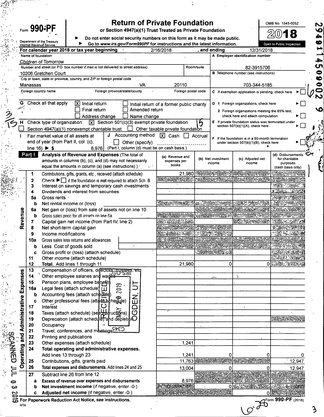 Image of first page of 2018 Form 990PF for Children of Tomorrow