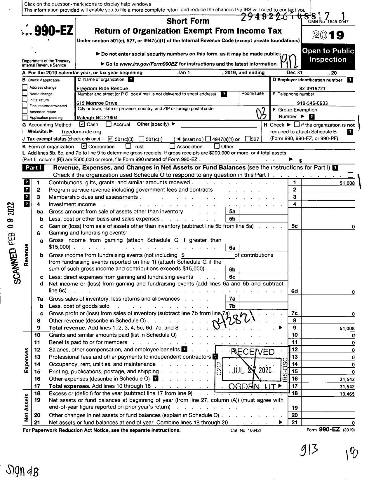 Image of first page of 2019 Form 990EZ for Freedom Ride Rescue