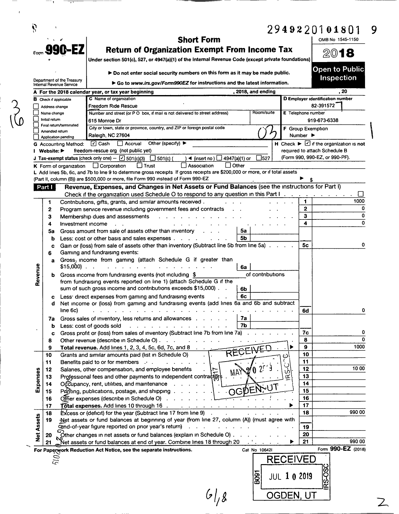 Image of first page of 2018 Form 990EZ for Freedom Ride Rescue