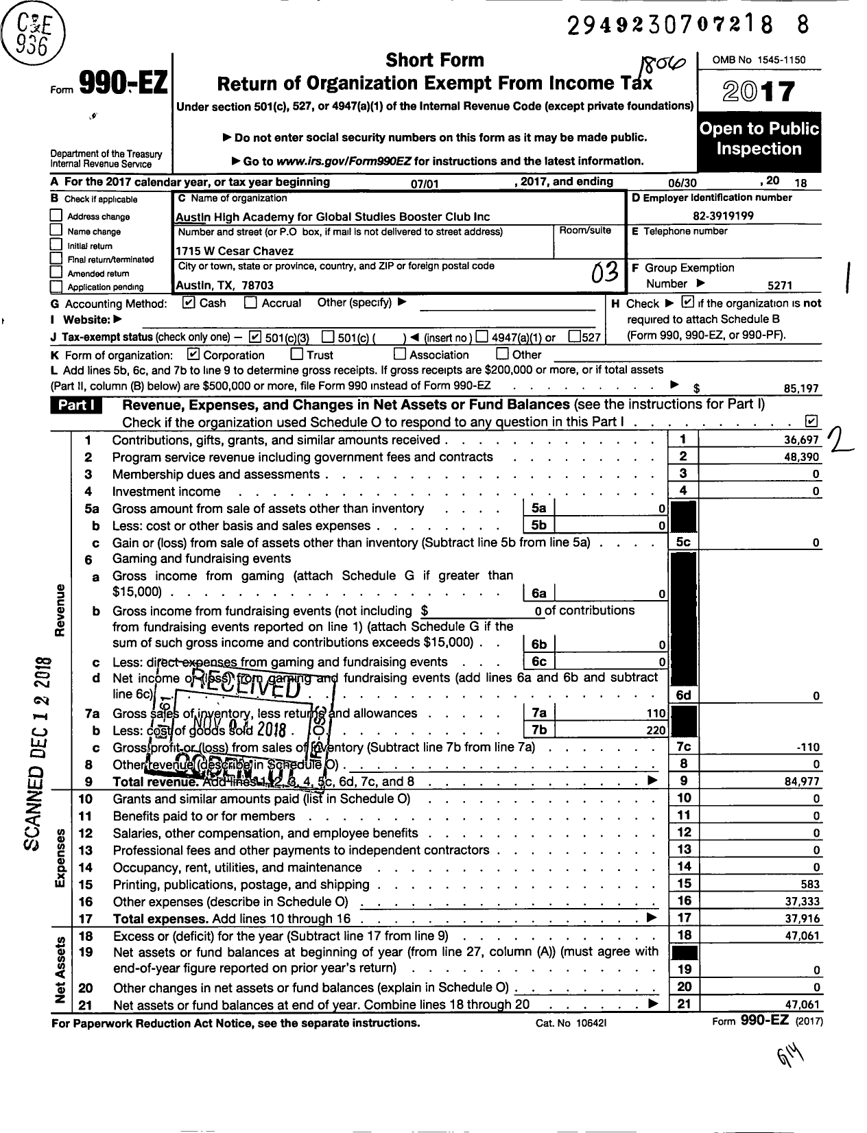 Image of first page of 2017 Form 990EZ for Parent Booster USA / Austin High Academy FR Global Studi