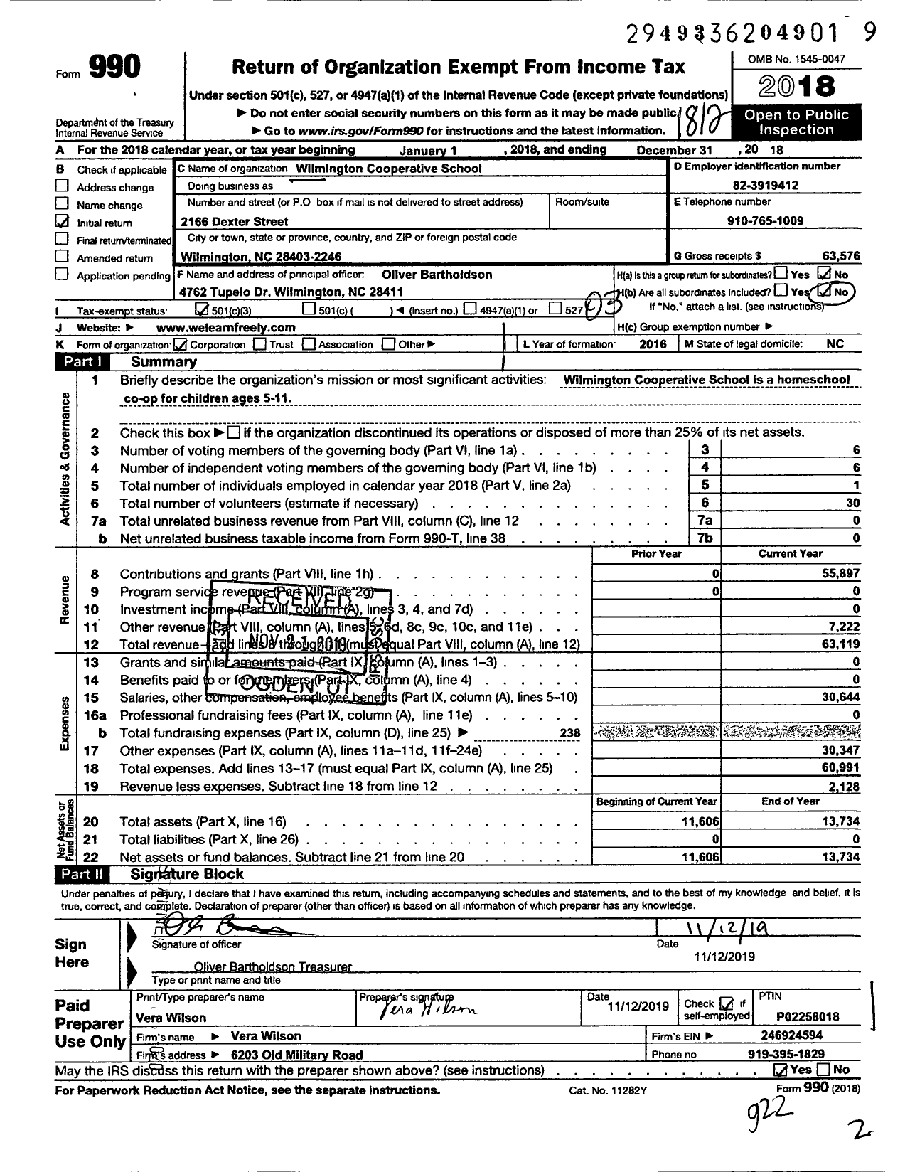 Image of first page of 2018 Form 990 for WILMINGTON Community School