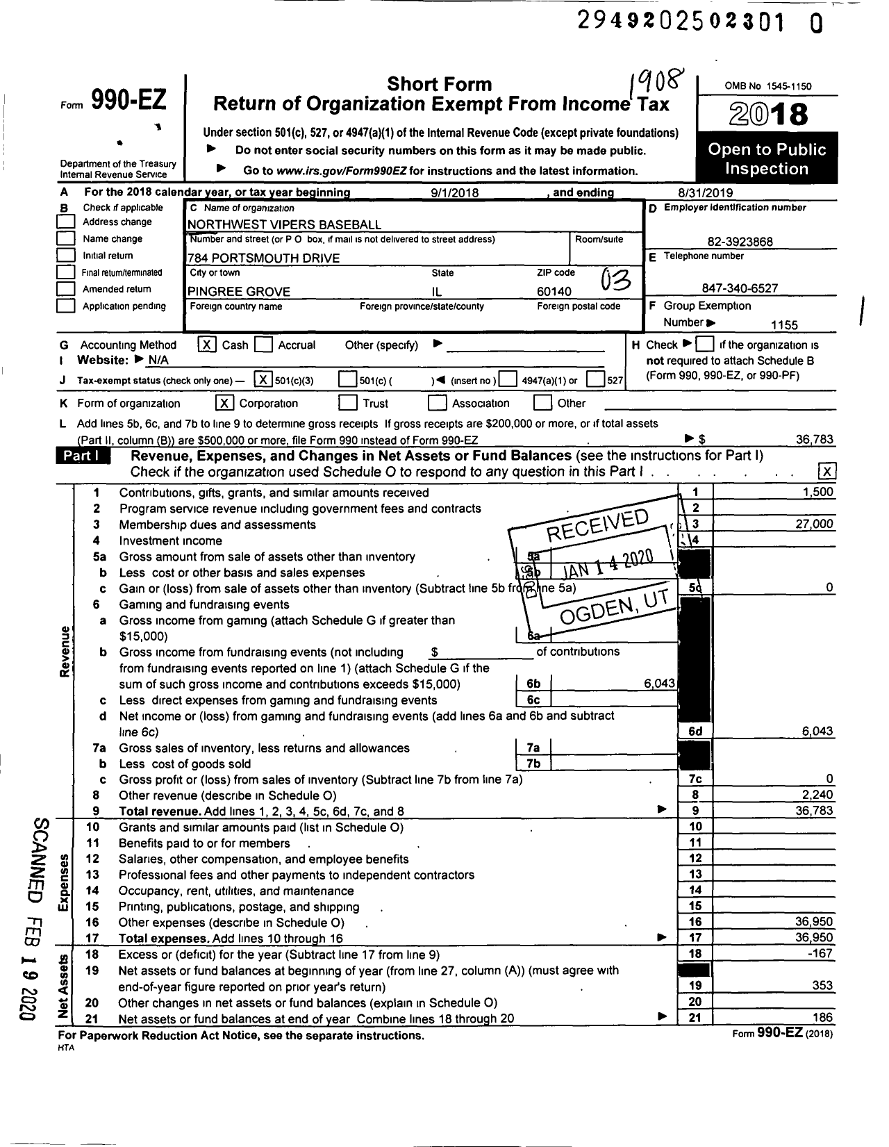 Image of first page of 2018 Form 990EZ for Amateur Athletic Union - Northwest Vipers