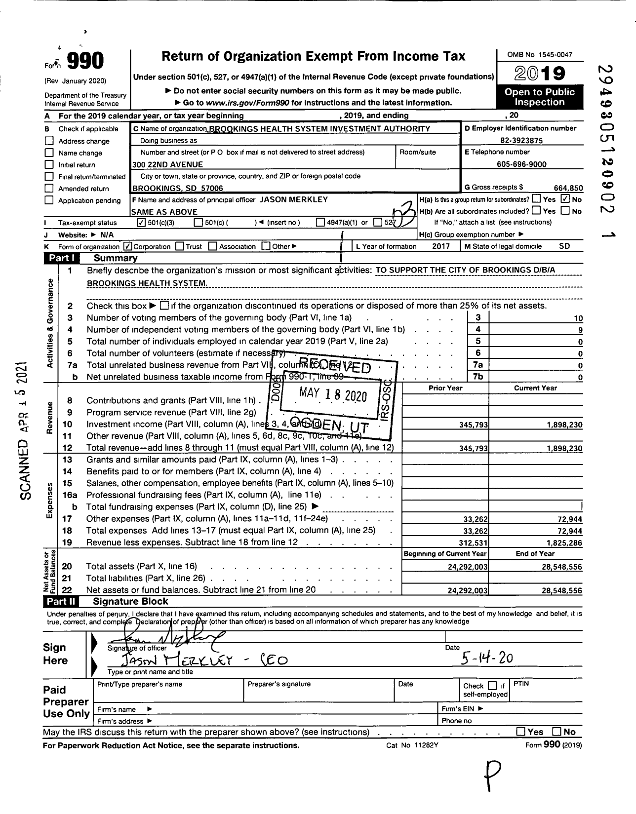 Image of first page of 2019 Form 990 for Brookings Health System Investment Authority