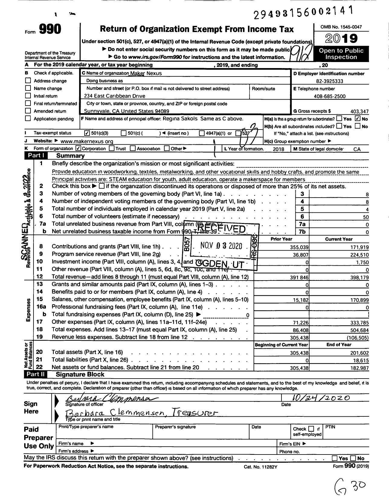 Image of first page of 2019 Form 990 for Maker Nexus