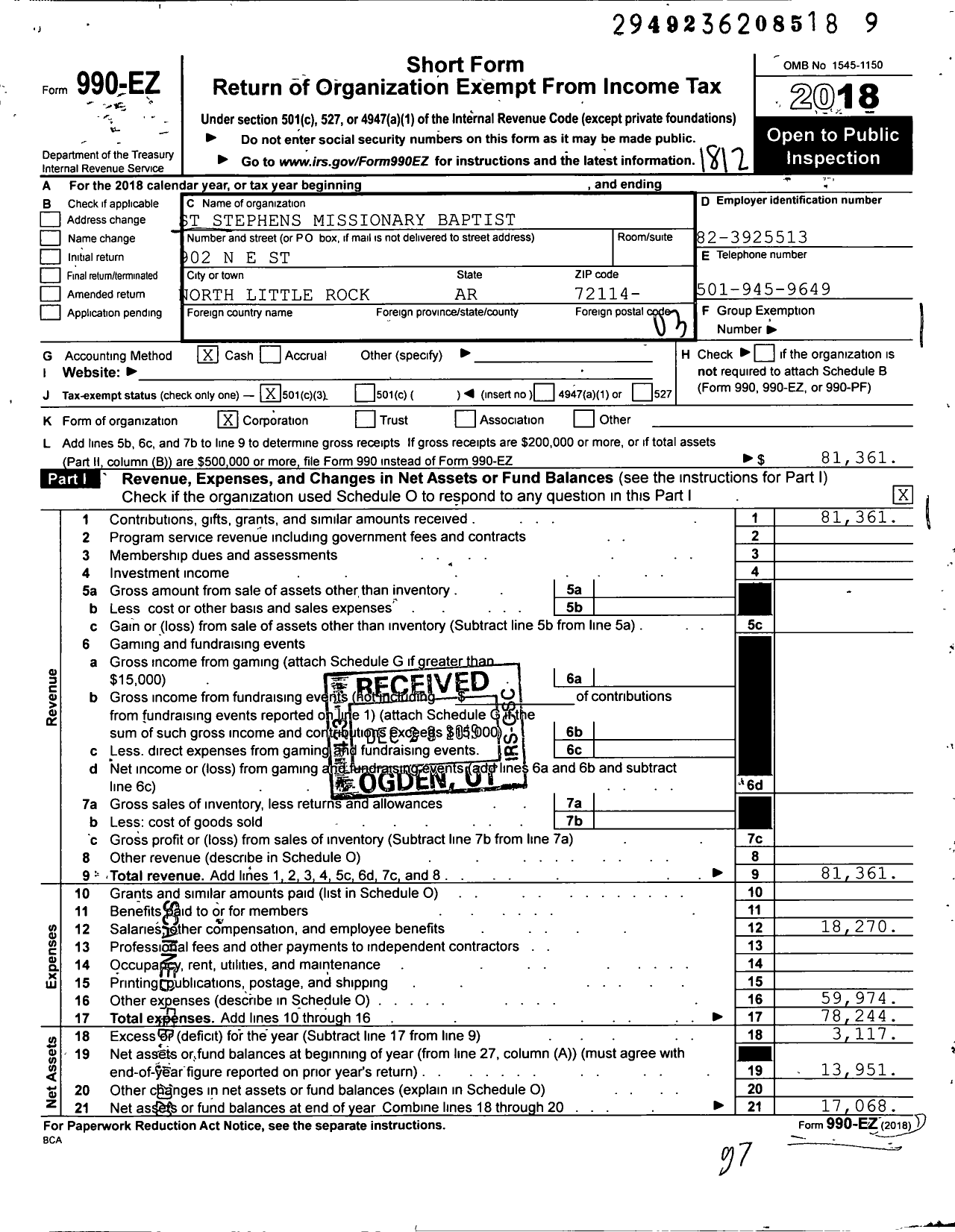 Image of first page of 2018 Form 990EZ for St Stephen Missionary Baptist