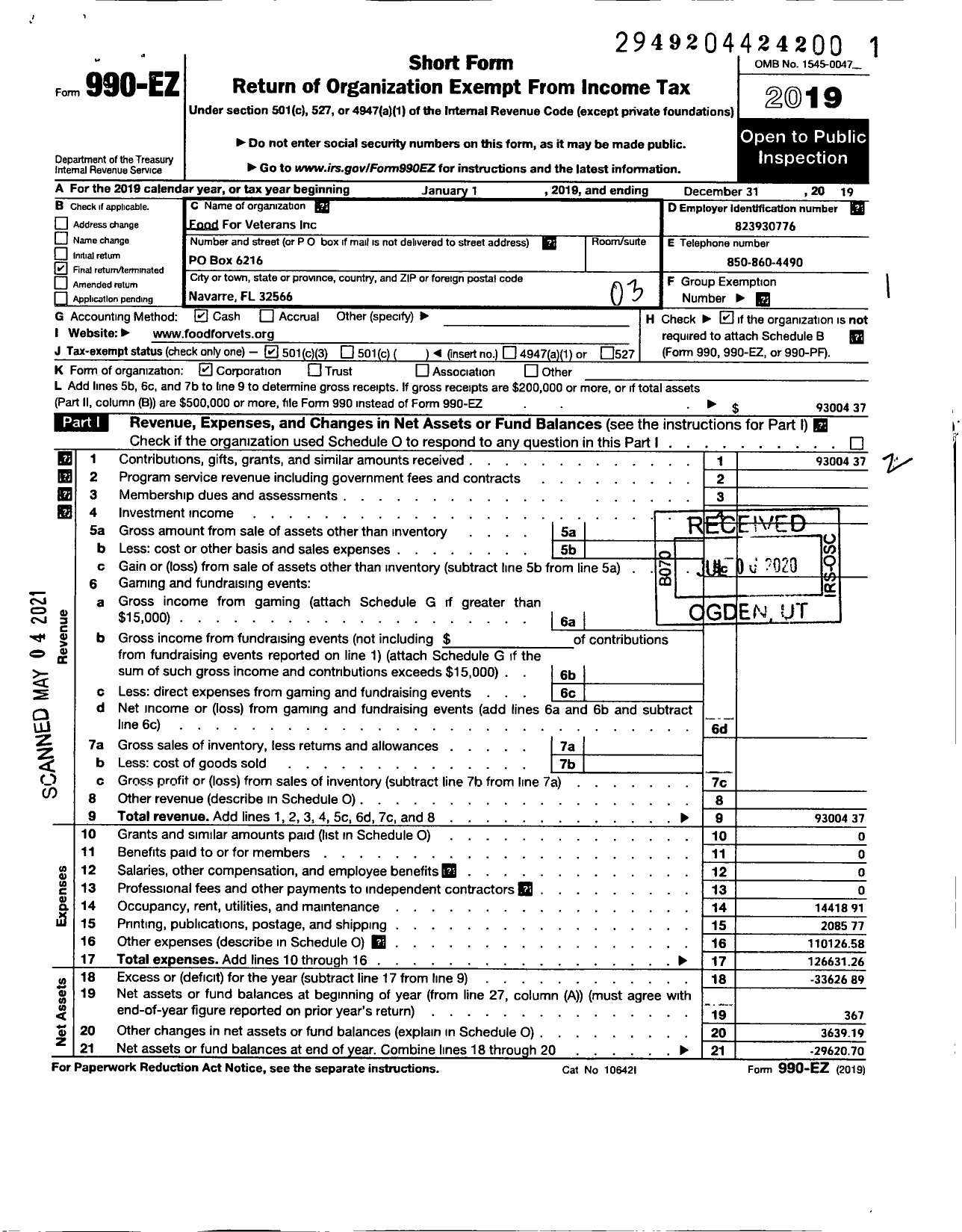 Image of first page of 2019 Form 990EZ for Food for Veterans