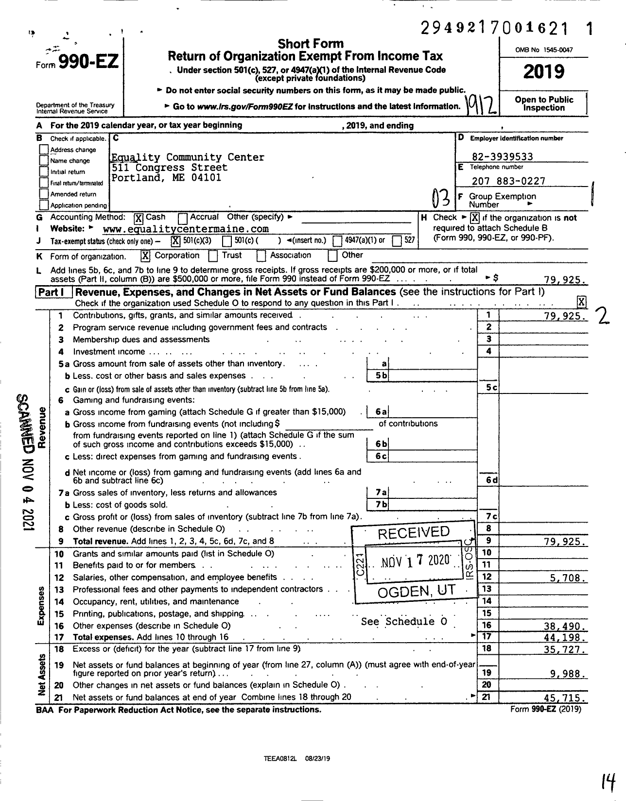 Image of first page of 2019 Form 990EZ for Equality Community Center