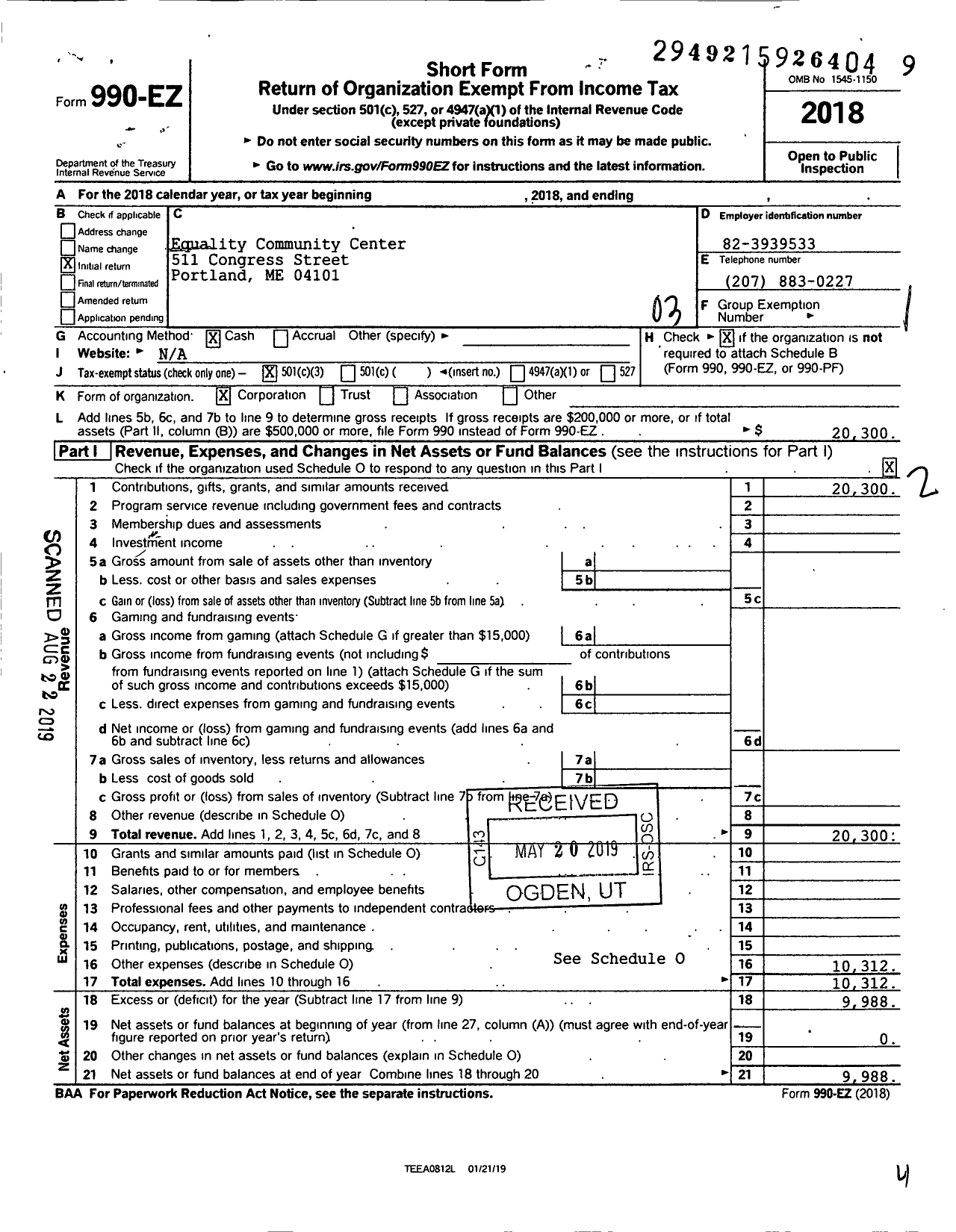 Image of first page of 2018 Form 990EZ for Equality Community Center