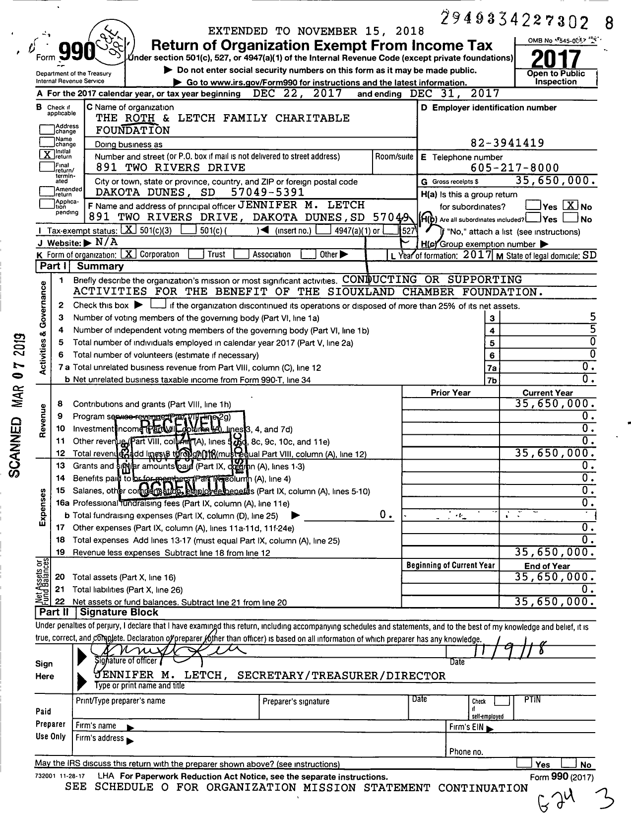 Image of first page of 2017 Form 990 for The Roth and Letch Family Charitable Foundation