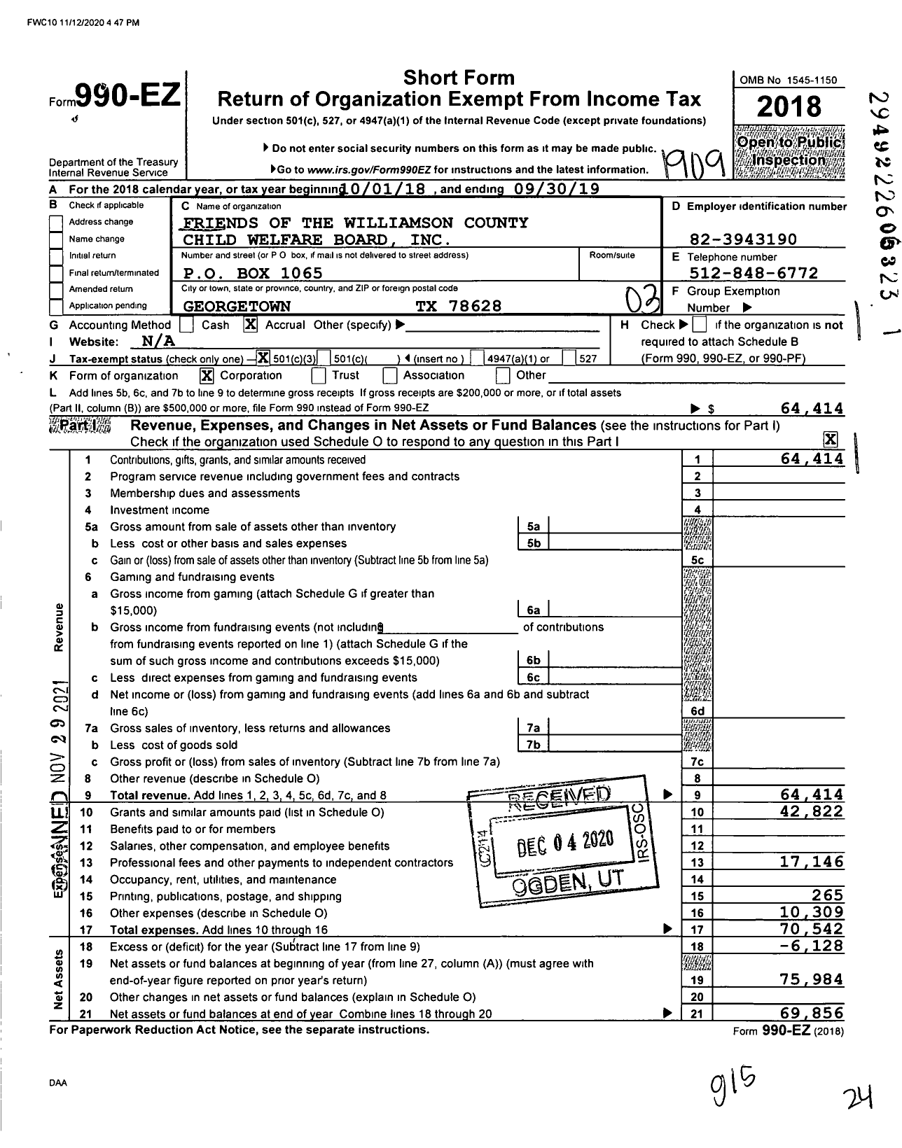 Image of first page of 2018 Form 990EZ for Friends of the Williamson County Child Welfare Board