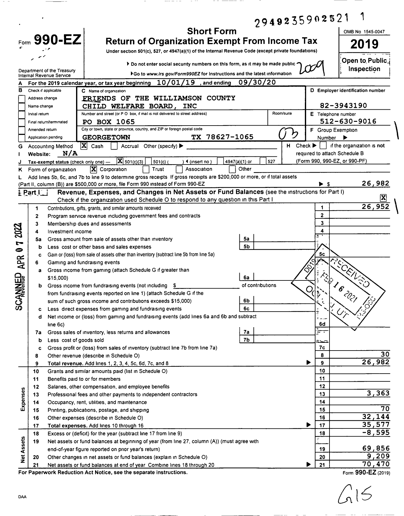 Image of first page of 2019 Form 990EZ for Friends of the Williamson County Child Welfare Board