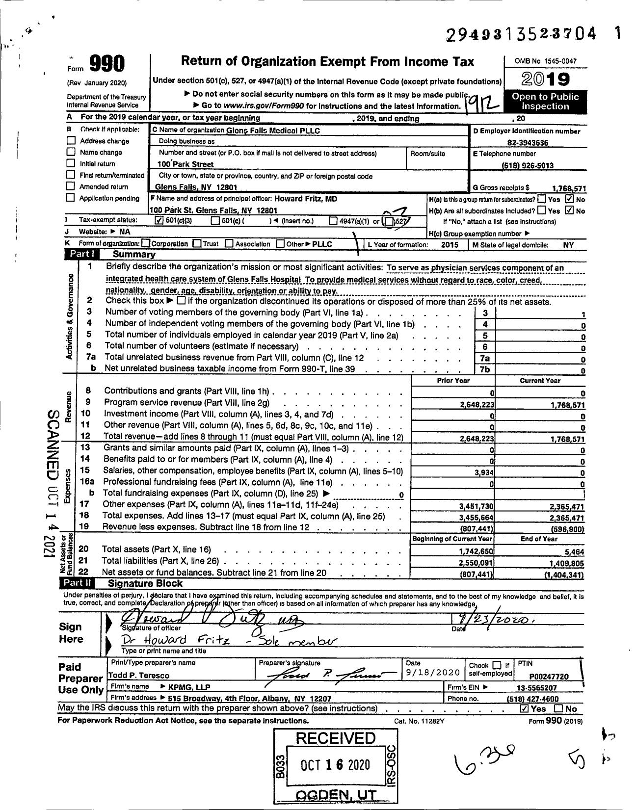 Image of first page of 2019 Form 990 for Glens Falls Medical PLLC