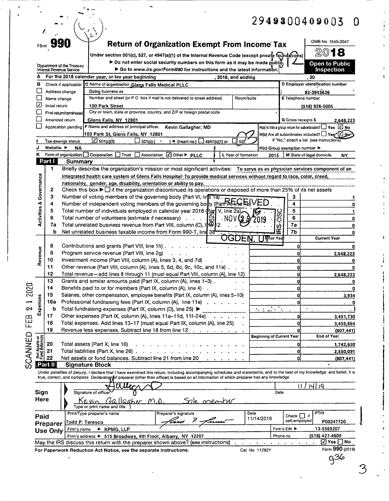 Image of first page of 2018 Form 990 for Glens Falls Medical PLLC