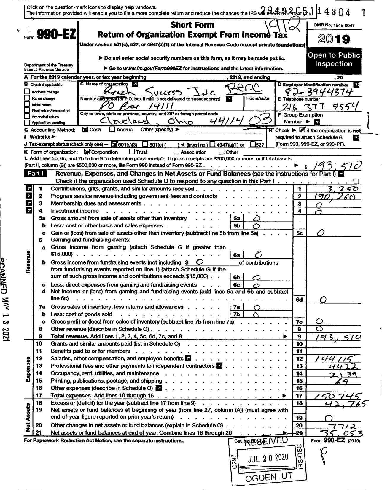 Image of first page of 2019 Form 990EZ for Reach Success