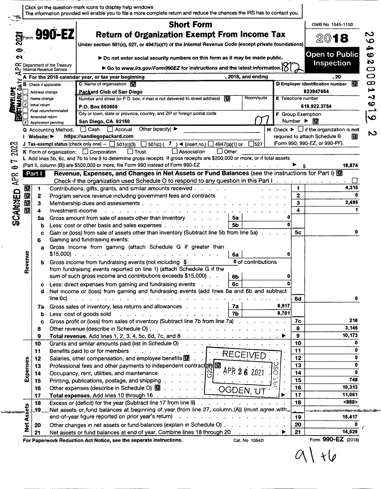 Image of first page of 2018 Form 990EO for Packard Club of San Diego