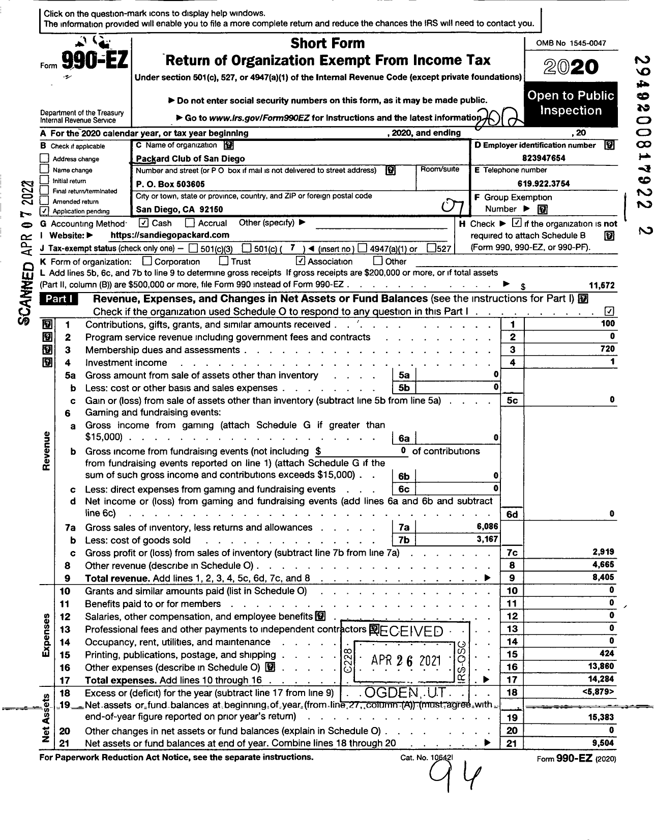 Image of first page of 2020 Form 990EO for Packard Club of San Diego