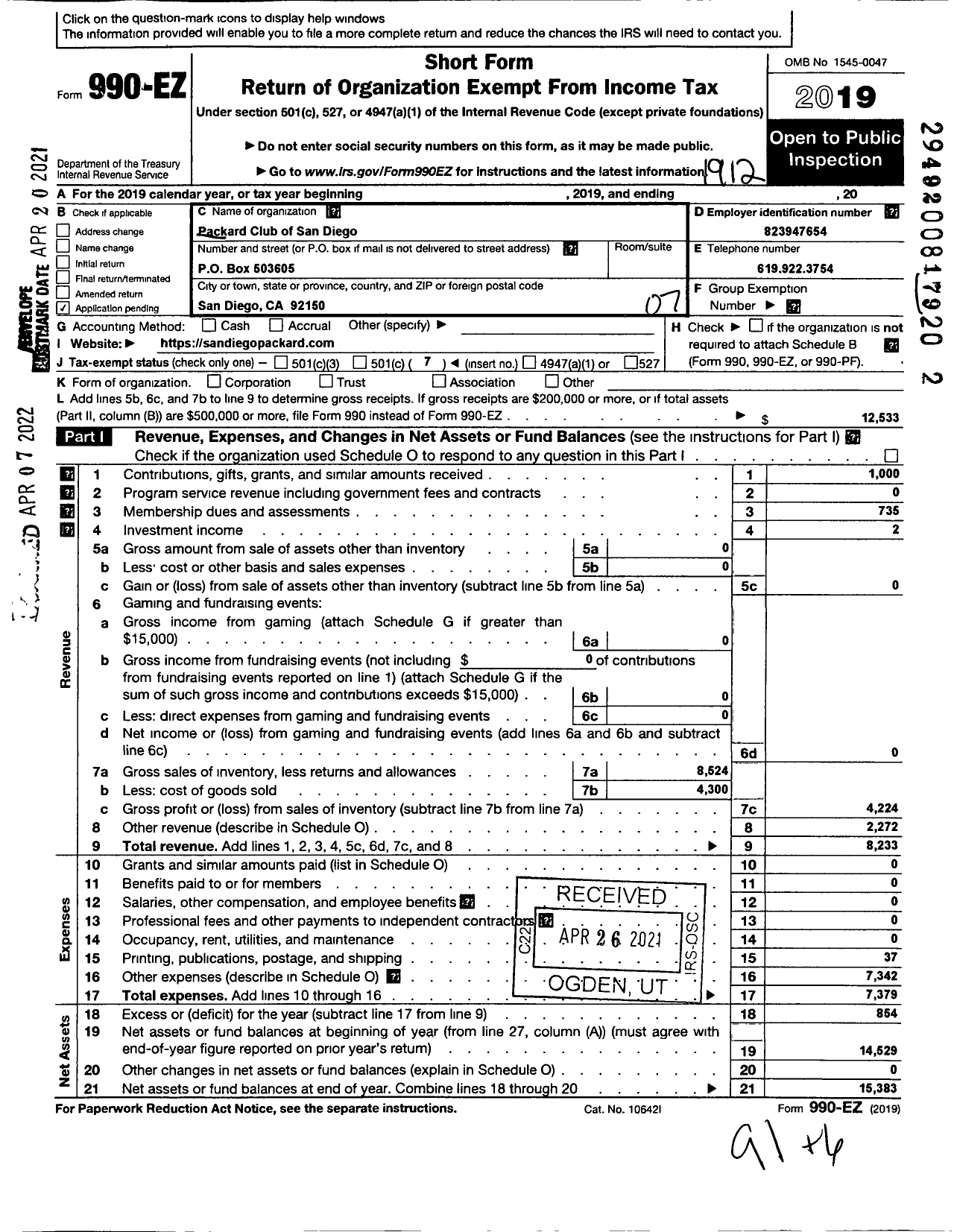 Image of first page of 2019 Form 990EO for Packard Club of San Diego