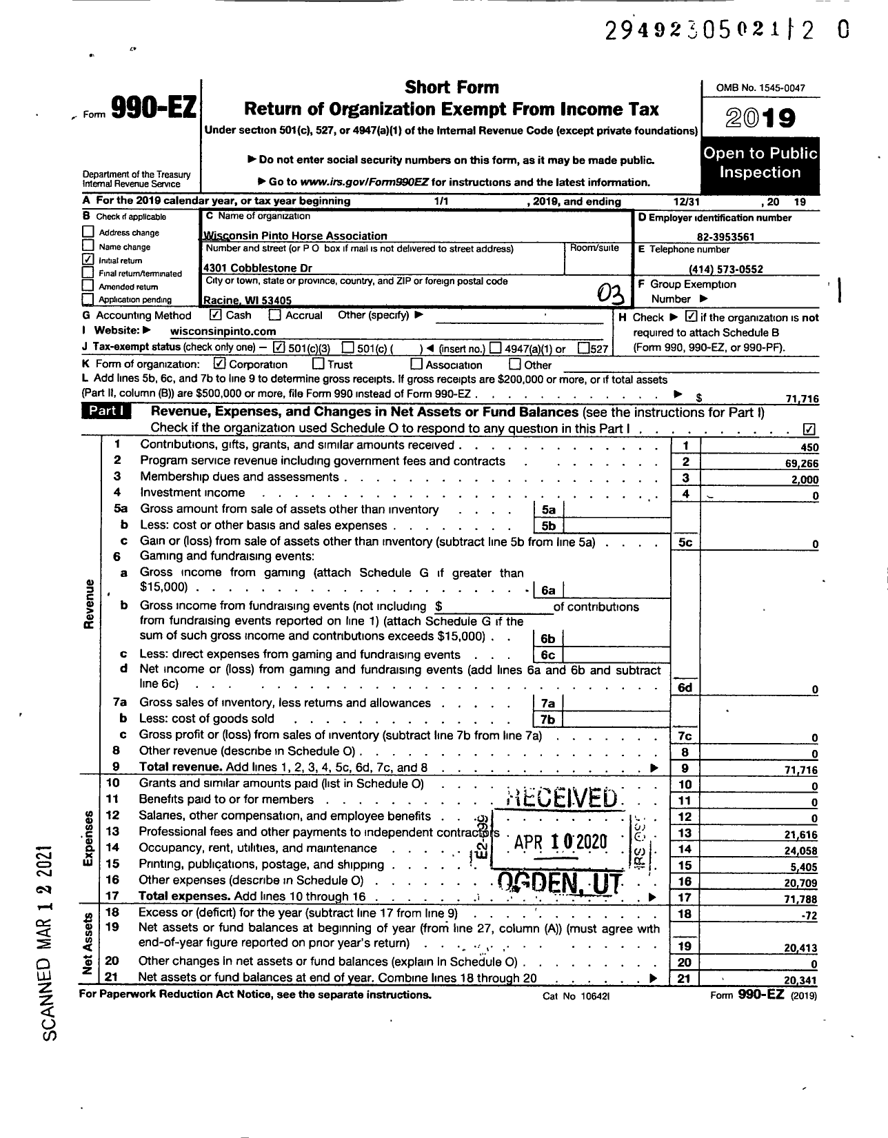 Image of first page of 2019 Form 990EZ for Wisconsin Pinto Horse Association