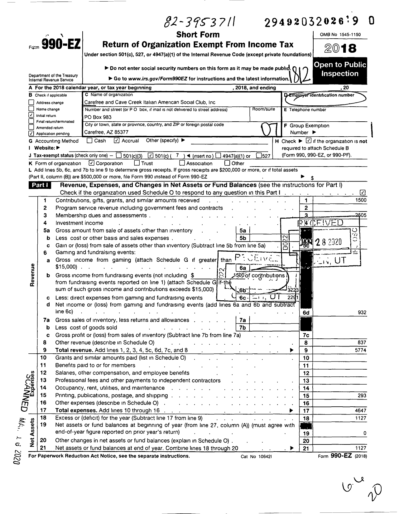 Image of first page of 2018 Form 990EO for Carefree and Cave Creek Italian American Social Club