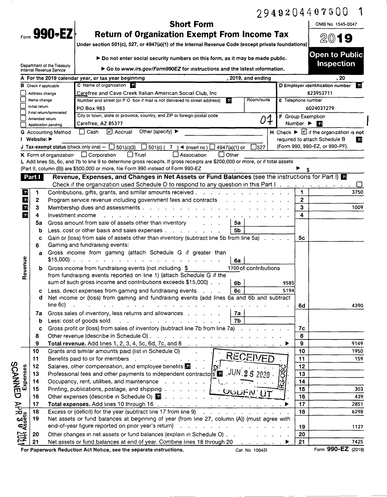 Image of first page of 2019 Form 990EO for Carefree and Cave Creek Italian American Social Club