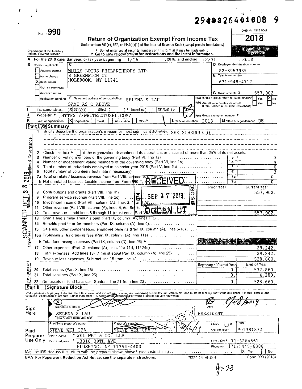 Image of first page of 2018 Form 990 for White Lotus Philanthropy