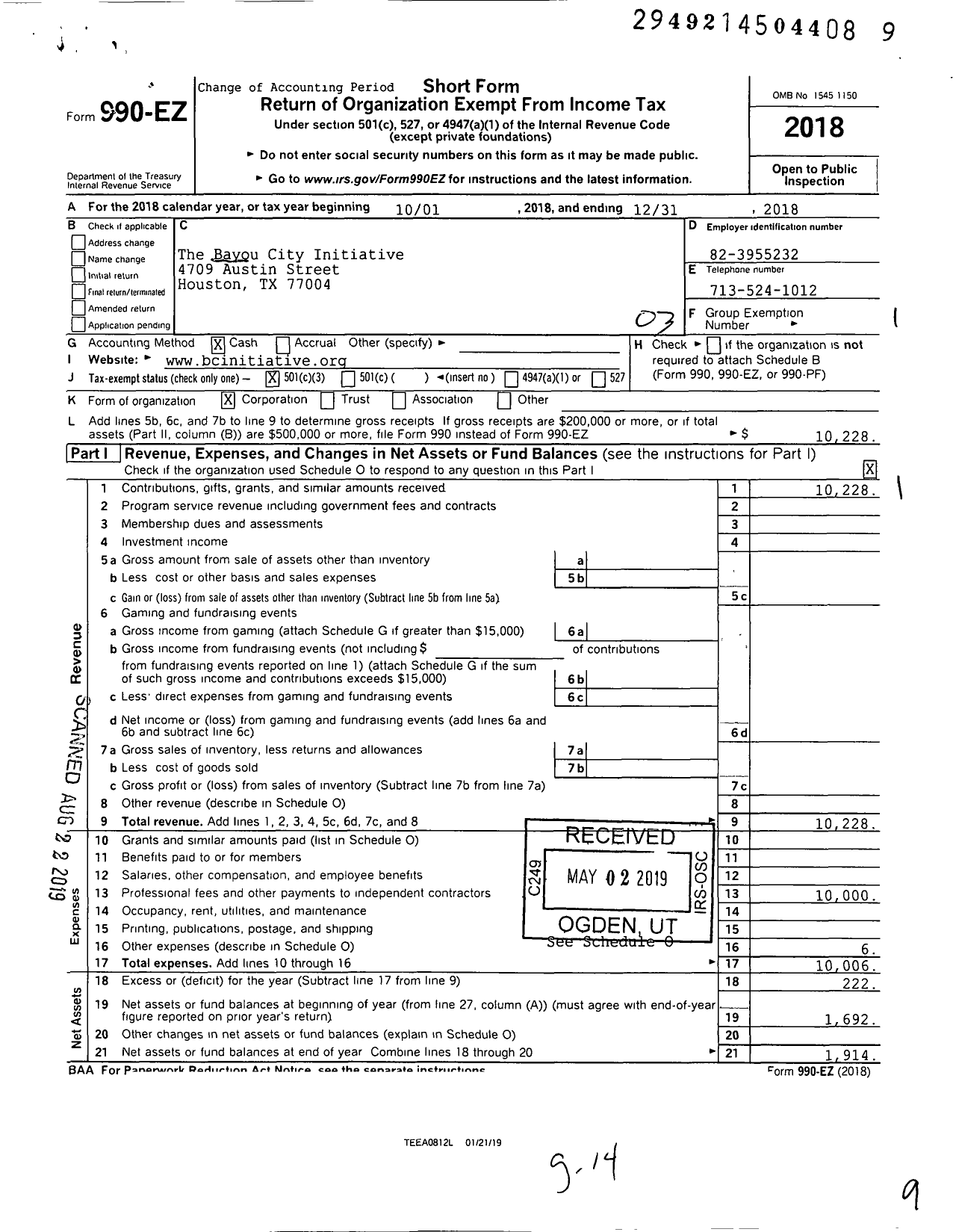 Image of first page of 2018 Form 990EZ for Bayou City Initiative