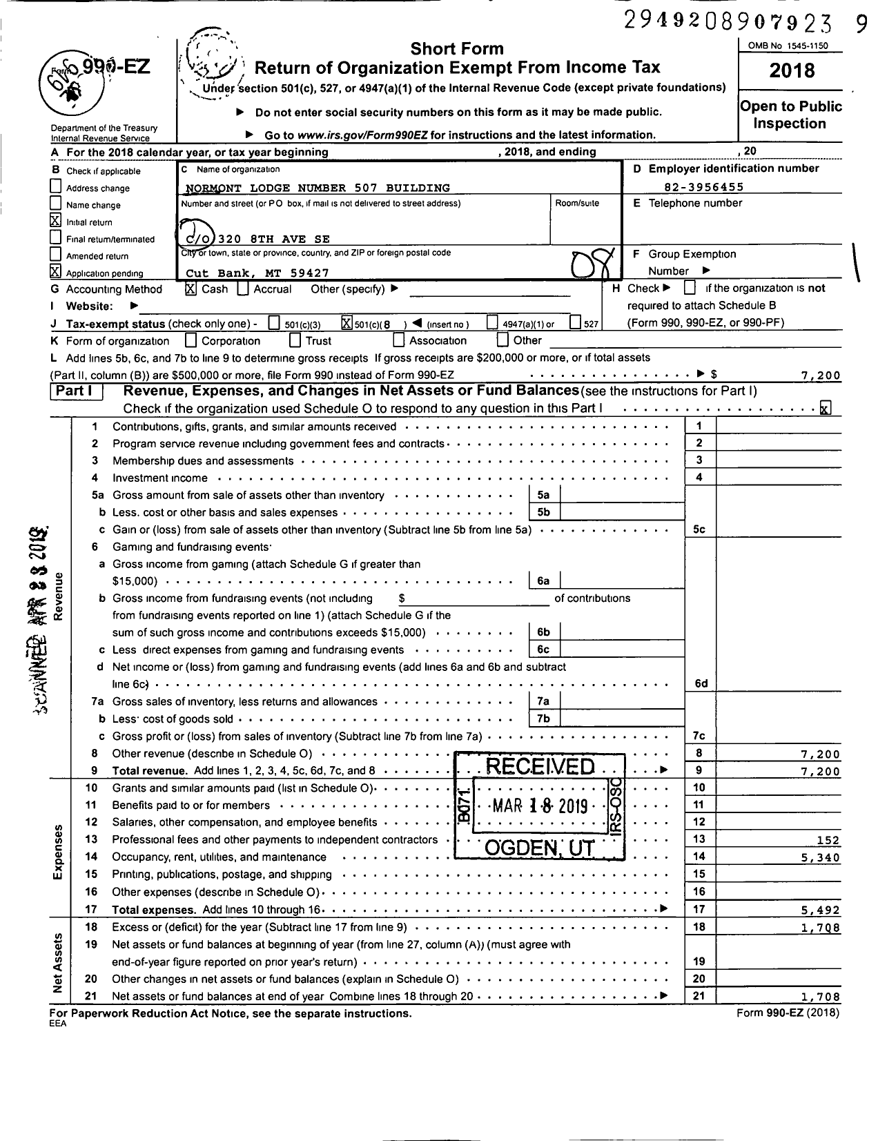 Image of first page of 2018 Form 990EO for Normont Lodge Number 507building