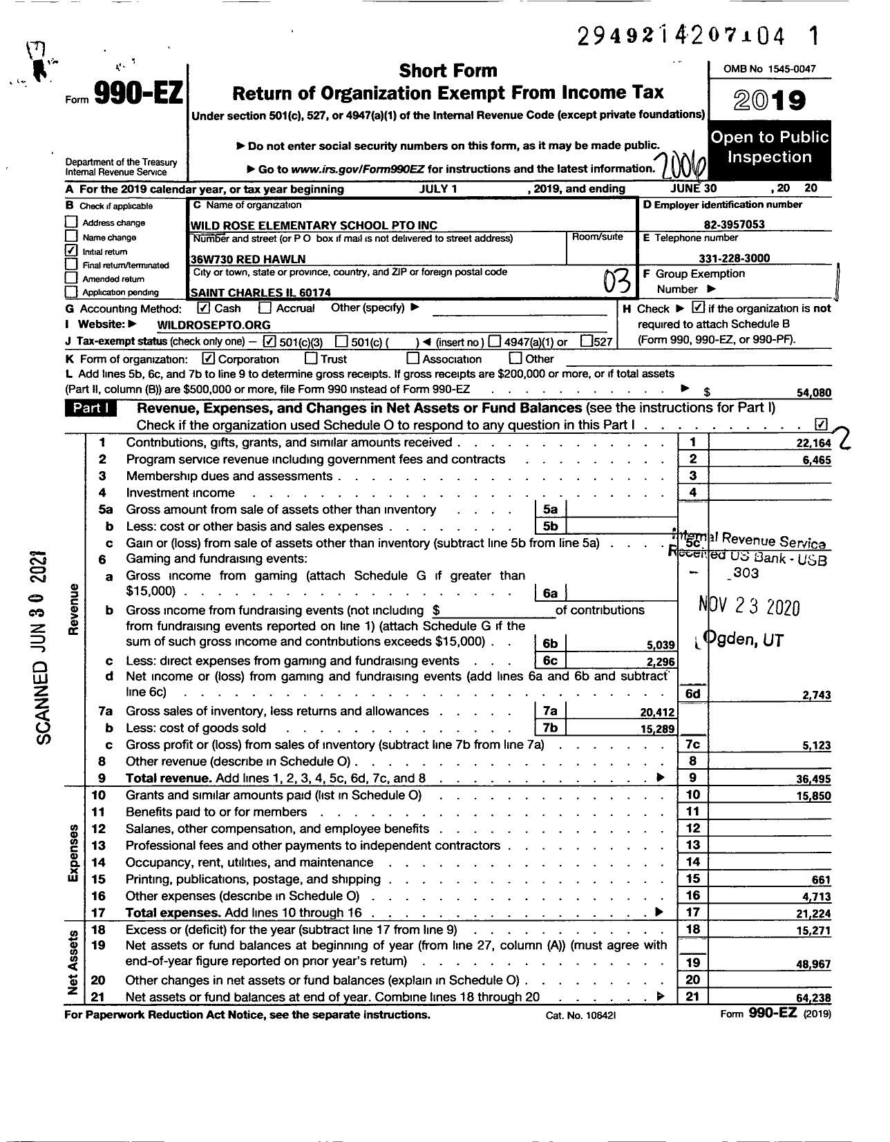 Image of first page of 2019 Form 990EZ for Wild Rose Elementary School PTO