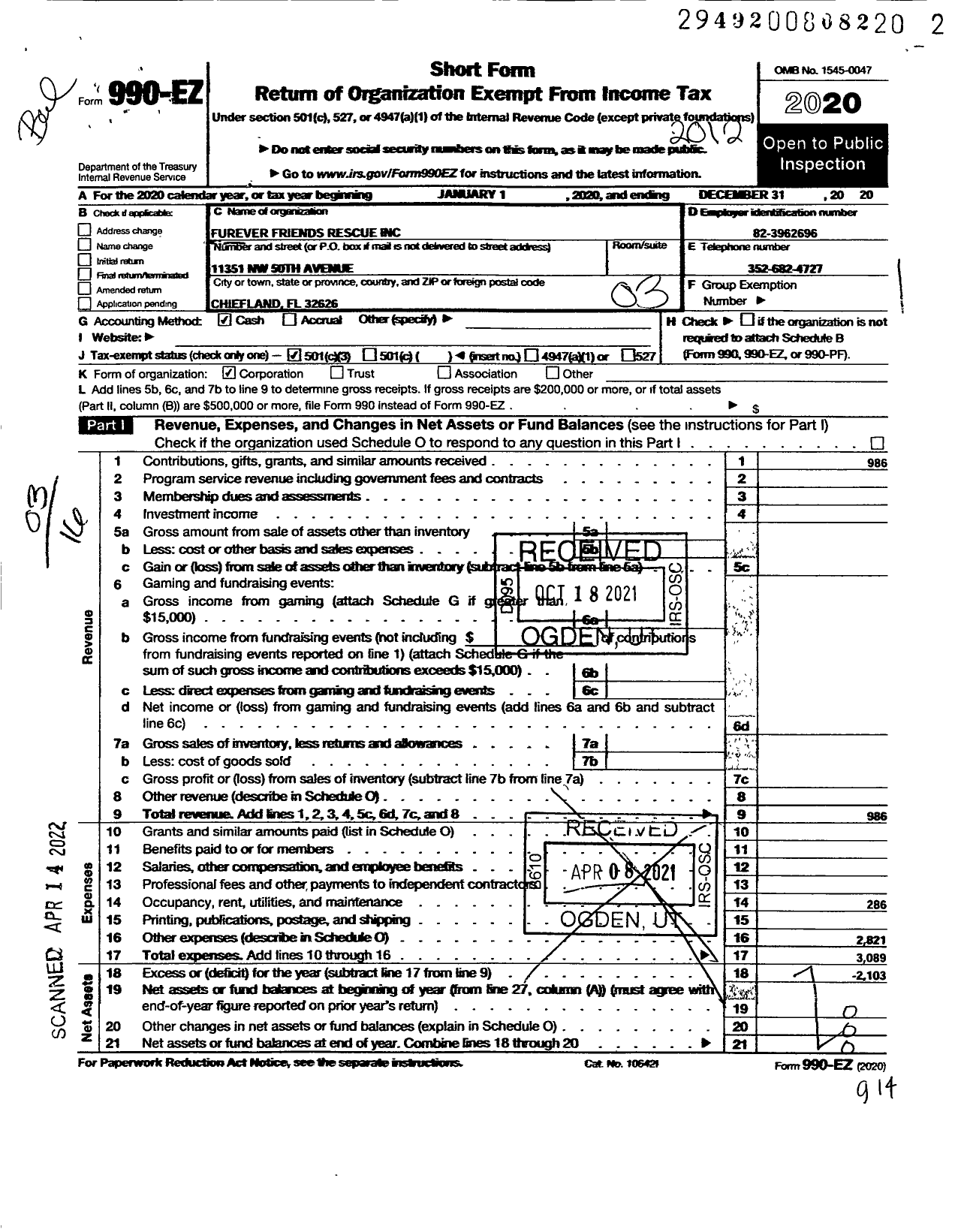 Image of first page of 2020 Form 990EZ for Furever Friends Rescue