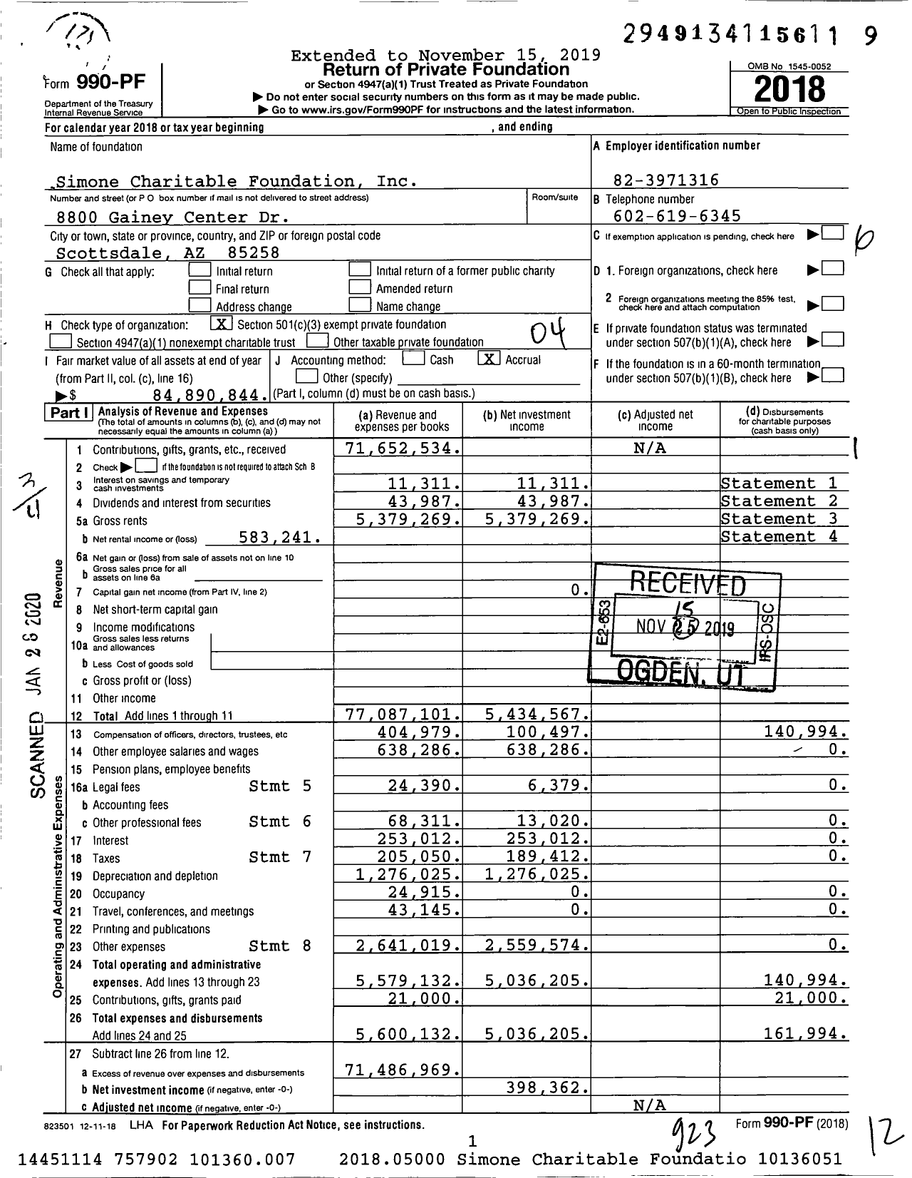 Image of first page of 2018 Form 990PF for Simone Charitable Foundation