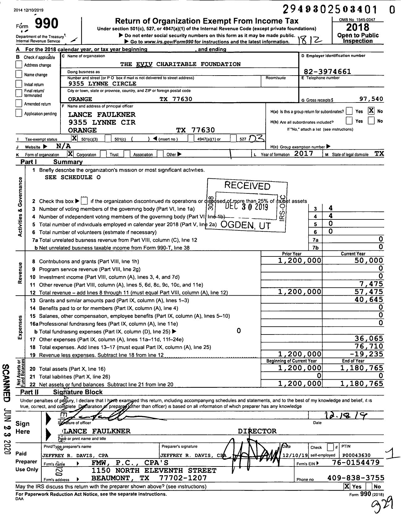 Image of first page of 2018 Form 990 for The Eviv Charitable Foundation