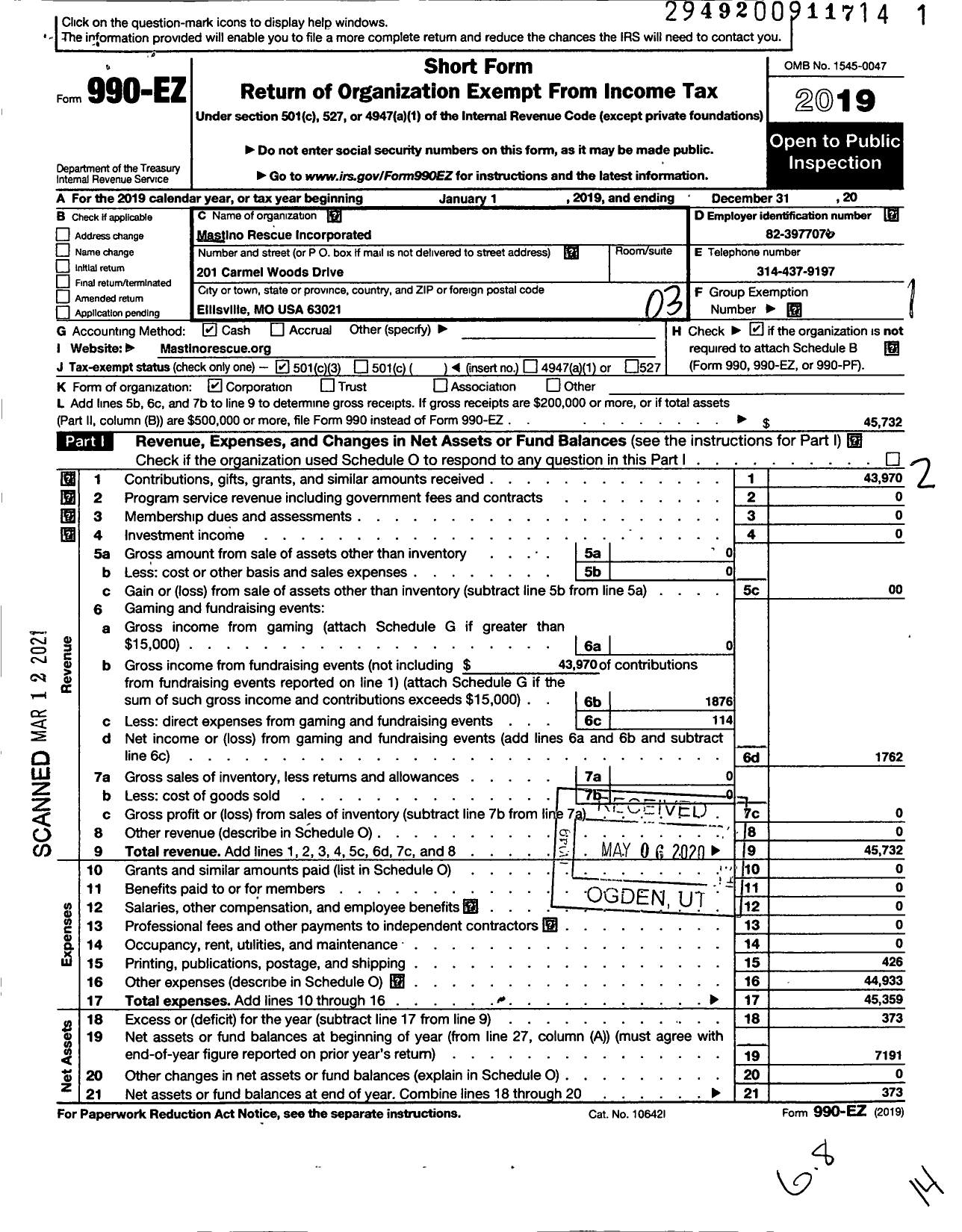 Image of first page of 2019 Form 990EZ for Mastino Rescue Incorporated