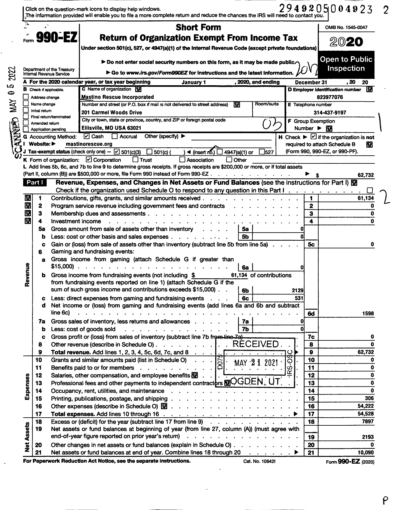 Image of first page of 2020 Form 990EZ for Mastino Rescue Incorporated