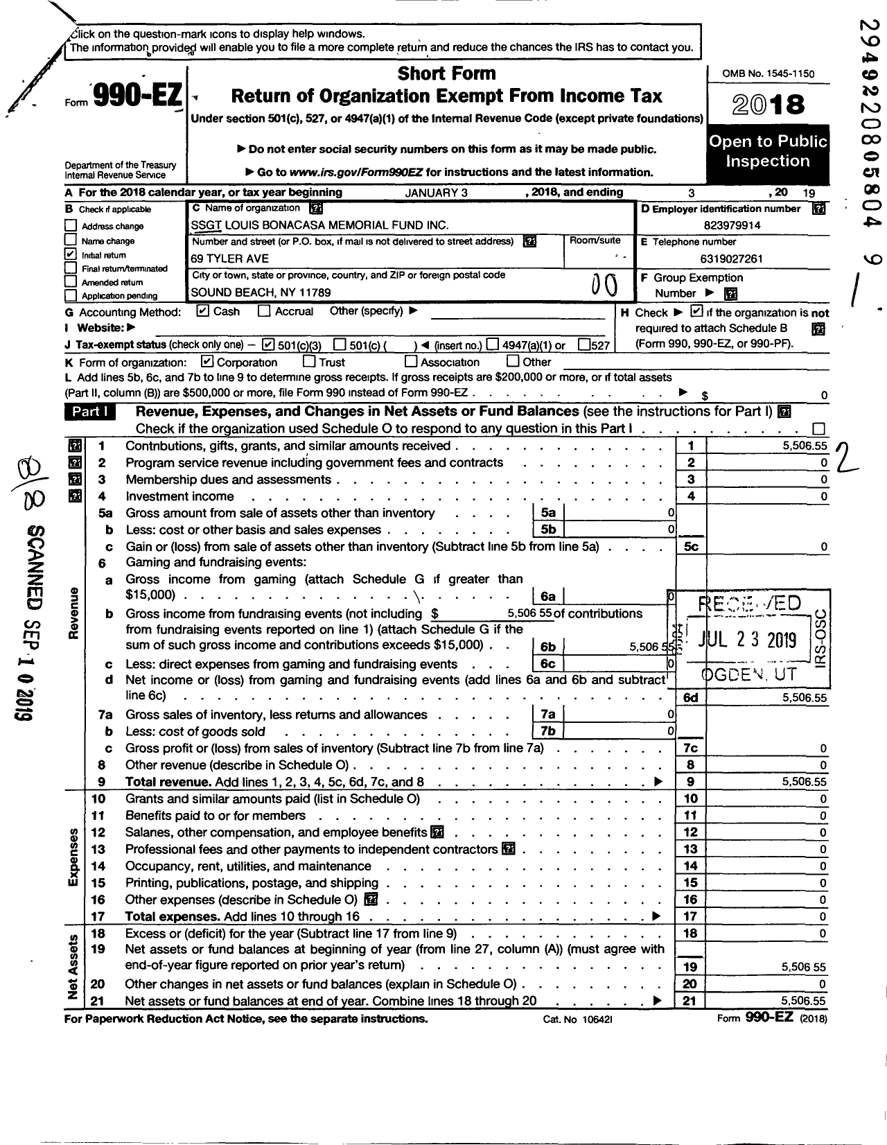 Image of first page of 2018 Form 990EO for SSGT Louis Bonacasa Memorial Fund