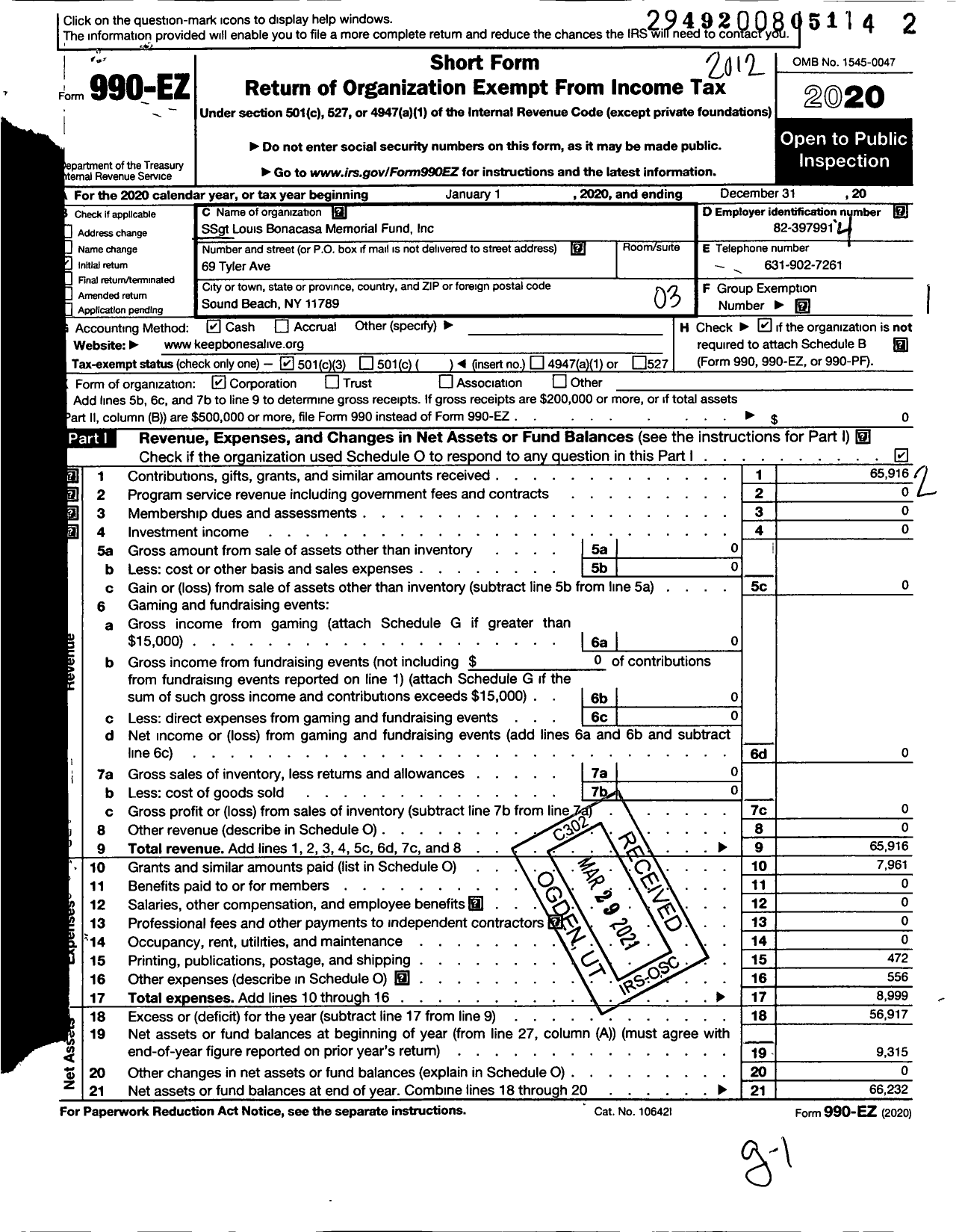 Image of first page of 2020 Form 990EZ for SSGT Louis Bonacasa Memorial Fund