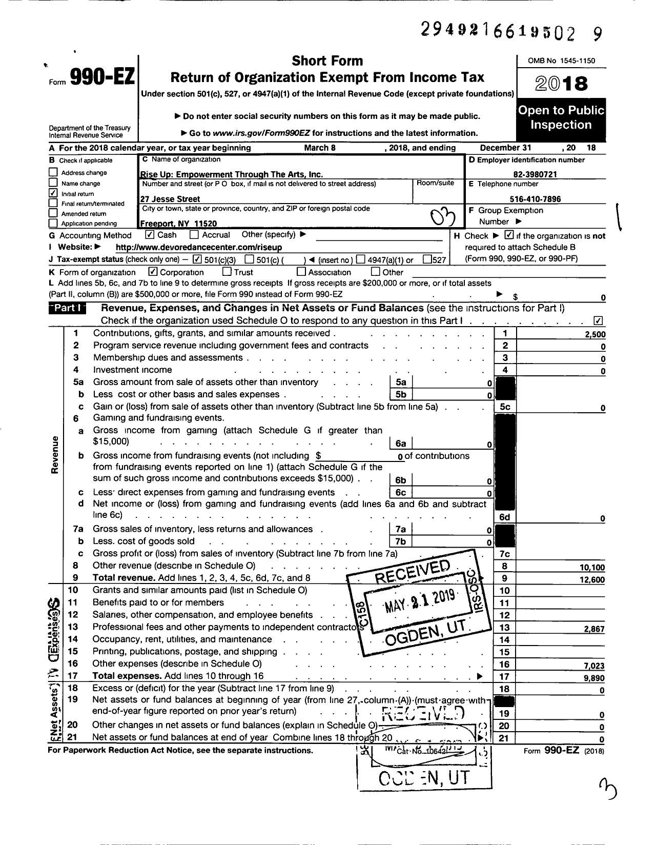 Image of first page of 2018 Form 990EZ for Rise Up Empowerment Through the Art