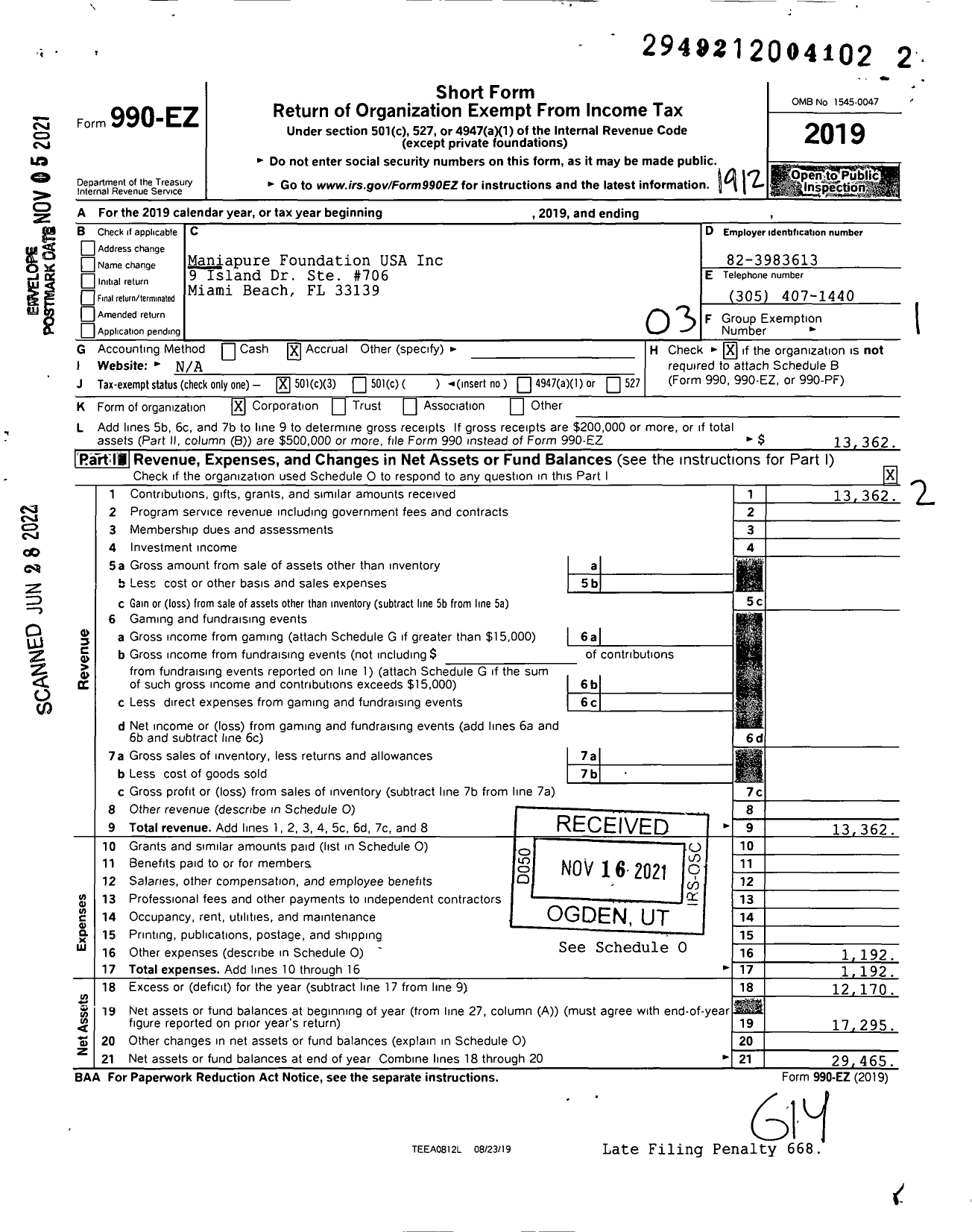 Image of first page of 2019 Form 990EZ for Maniapure Foundation USA