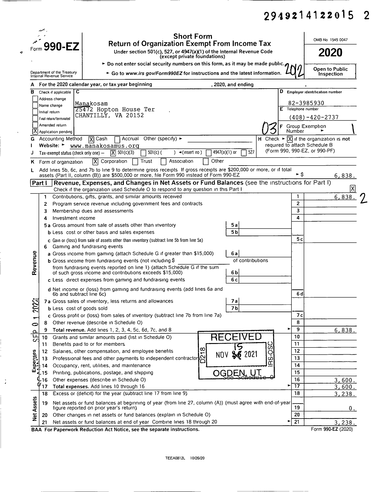 Image of first page of 2020 Form 990EZ for Manakosam