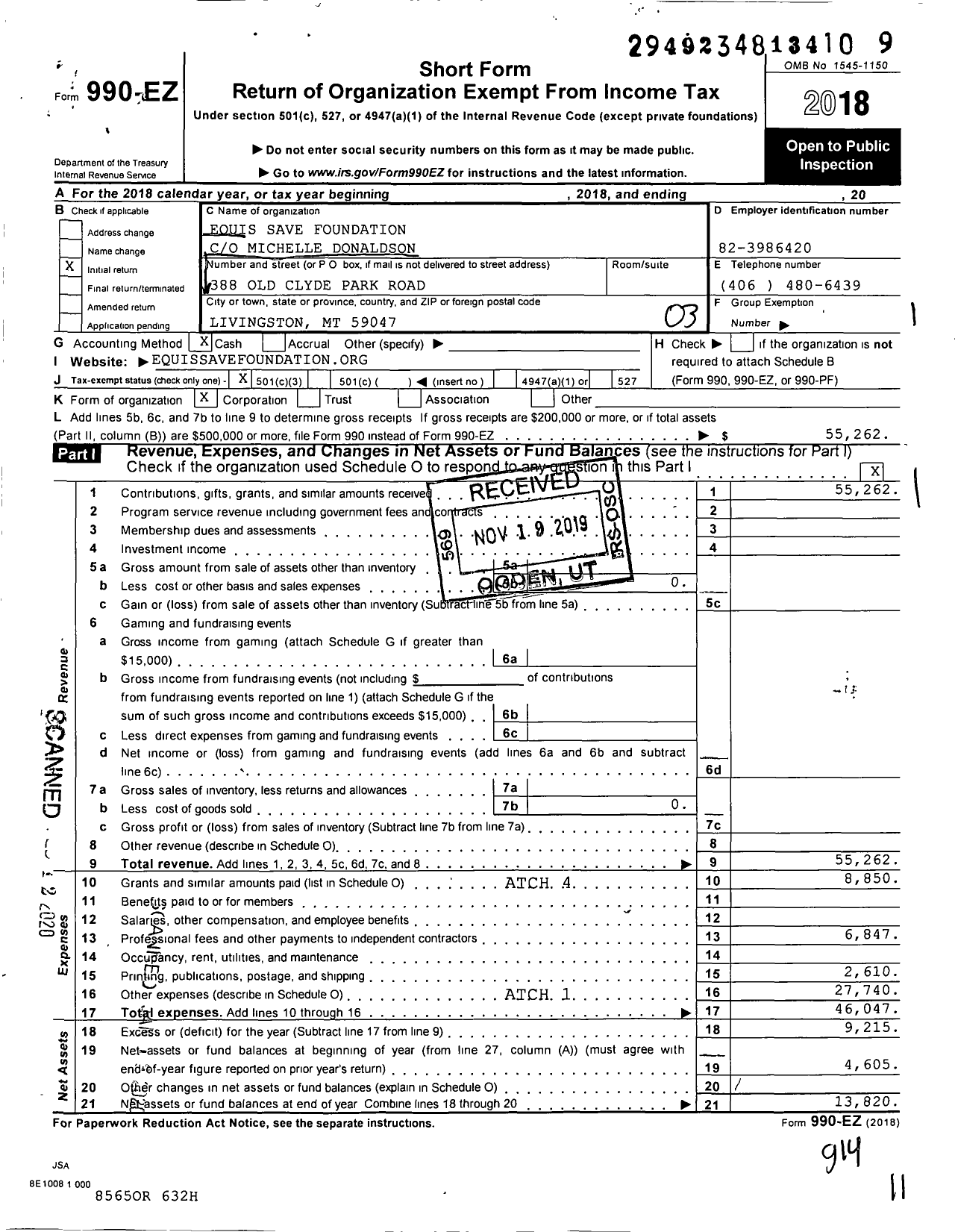 Image of first page of 2018 Form 990EZ for Equis Save Foundation