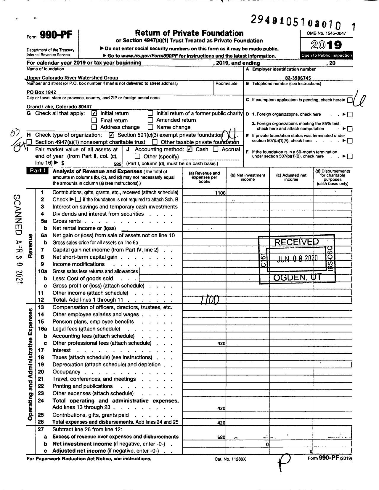 Image of first page of 2019 Form 990PF for Upper Colorado River Watershed Group